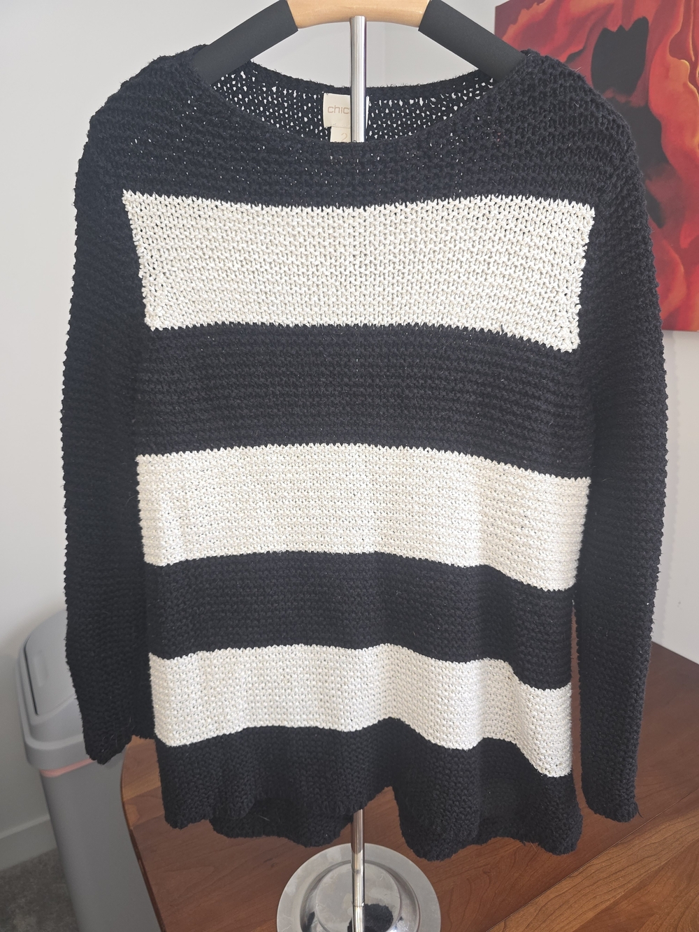 Chico's Black and White Striped Crewneck Sweater, Chicos Size 2, EUC, PTP is 20
